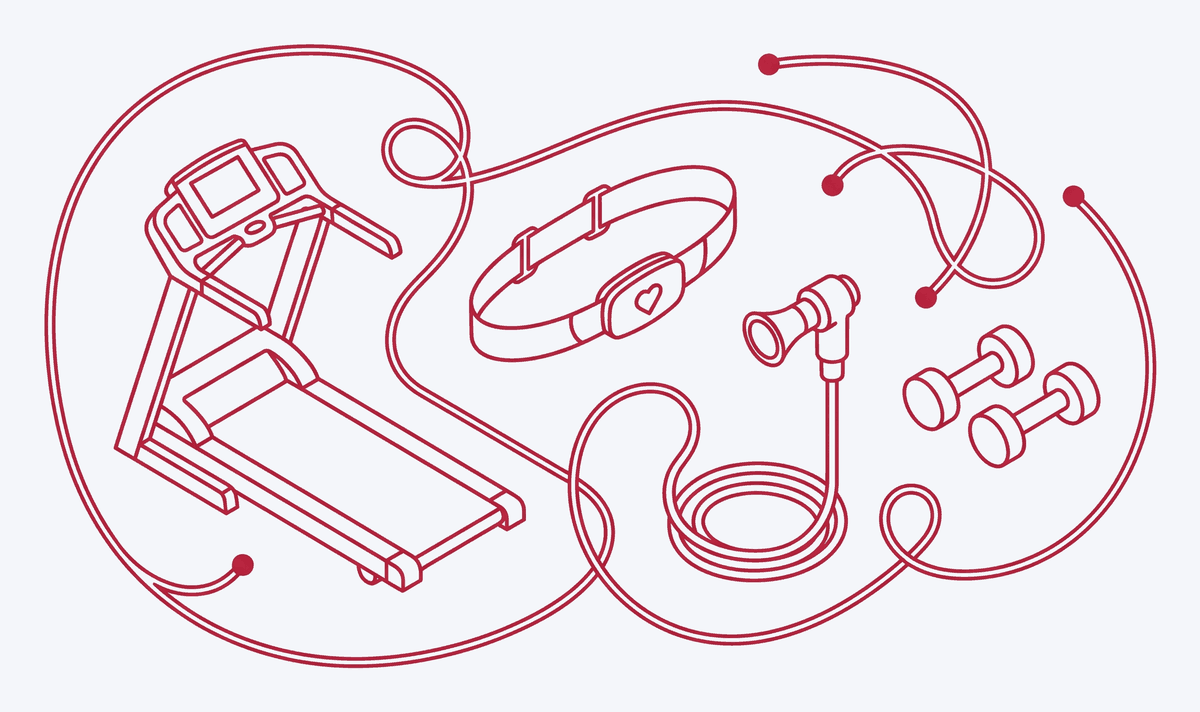 Line illustration of fitness testing: treadmill, heart-rate strap, spirometer and dumbbells