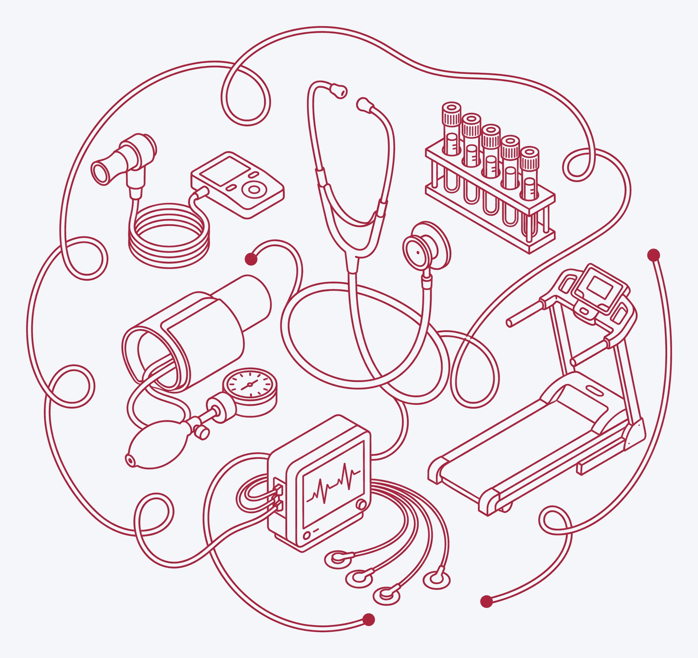 Line illustration of executive health assessment equipment: stethoscope, blood-pressure cuff, ECG monitor, treadmill, blood vials and spirometer