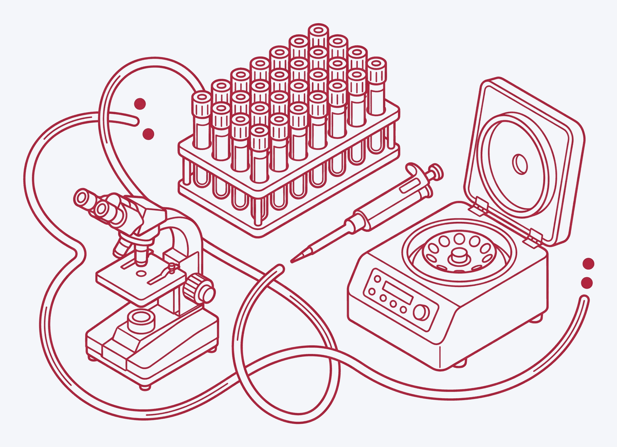 Line illustration of a pathology bench: blood collection vials, centrifuge, pipette and microscope